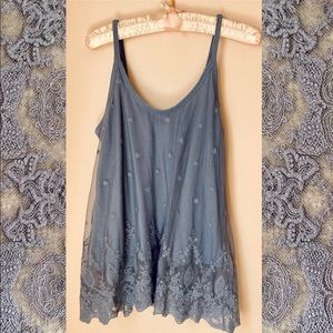 Lace embroidered mesh layered tank top